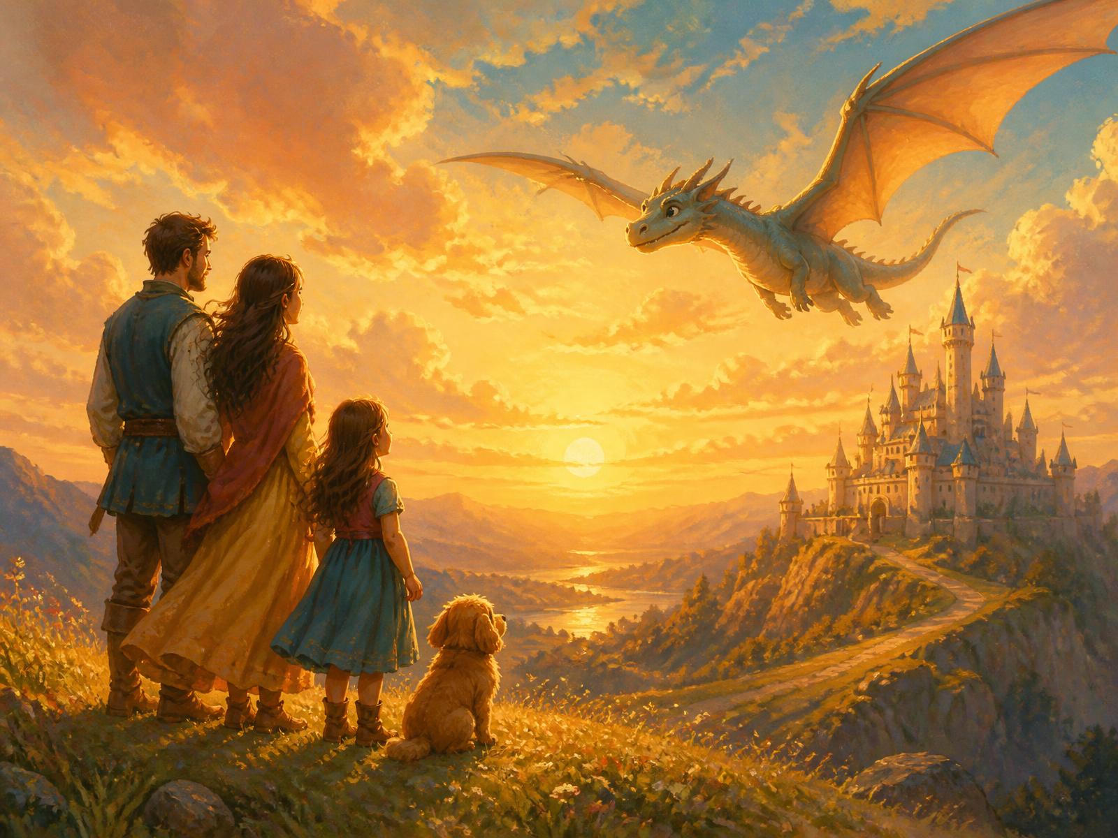 An illustrated family and their dog looking out over a valley toward a castle and a friendly dragon